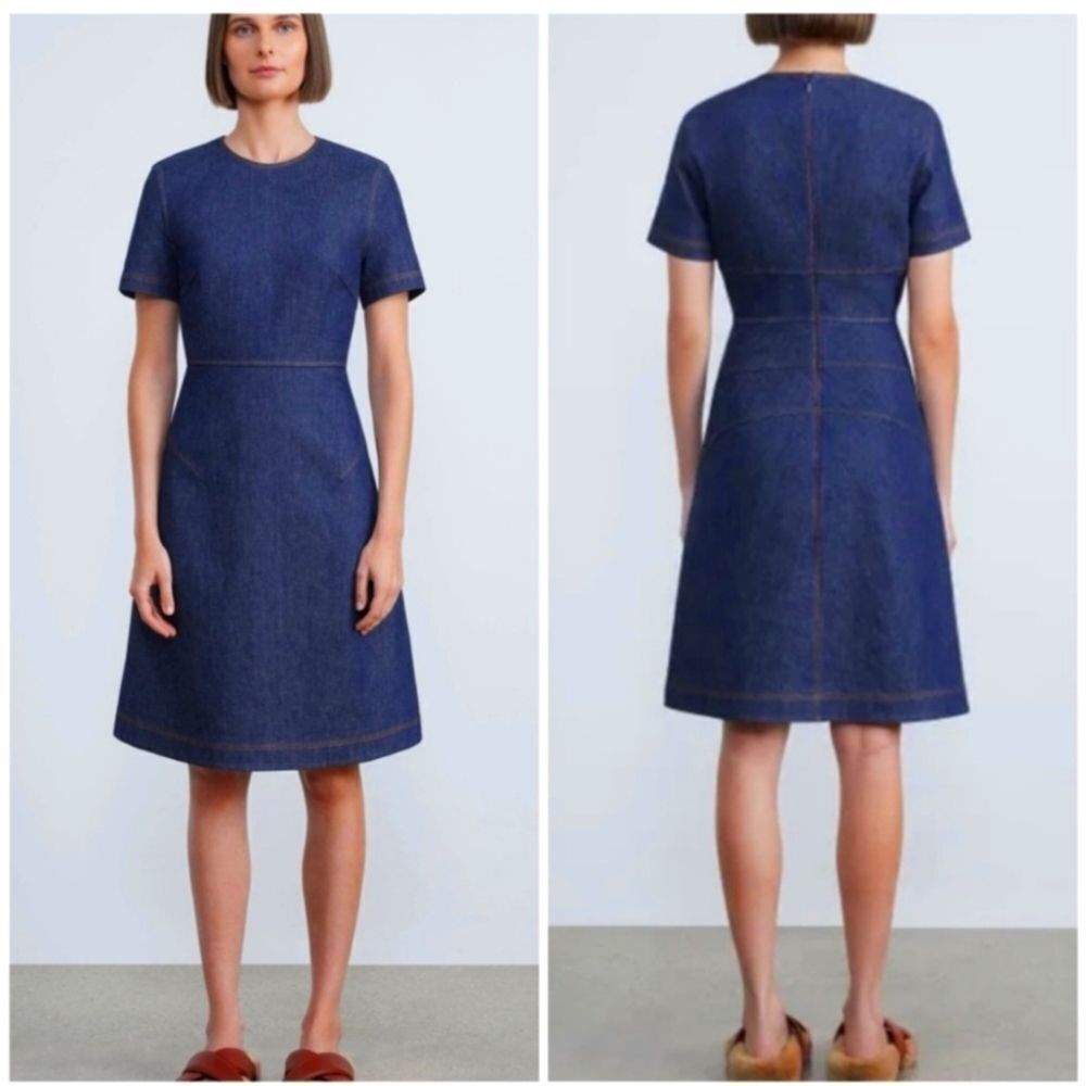 Lafayette 148NY MINIMALIST Fit-&-Flare Denim midi Dress Size 8